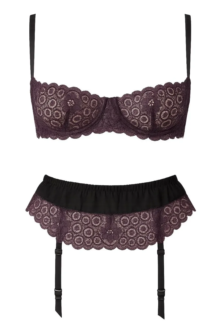 Vintage ESCANTE 2 pc lingerie set balconette bra garter belt purple lace small s